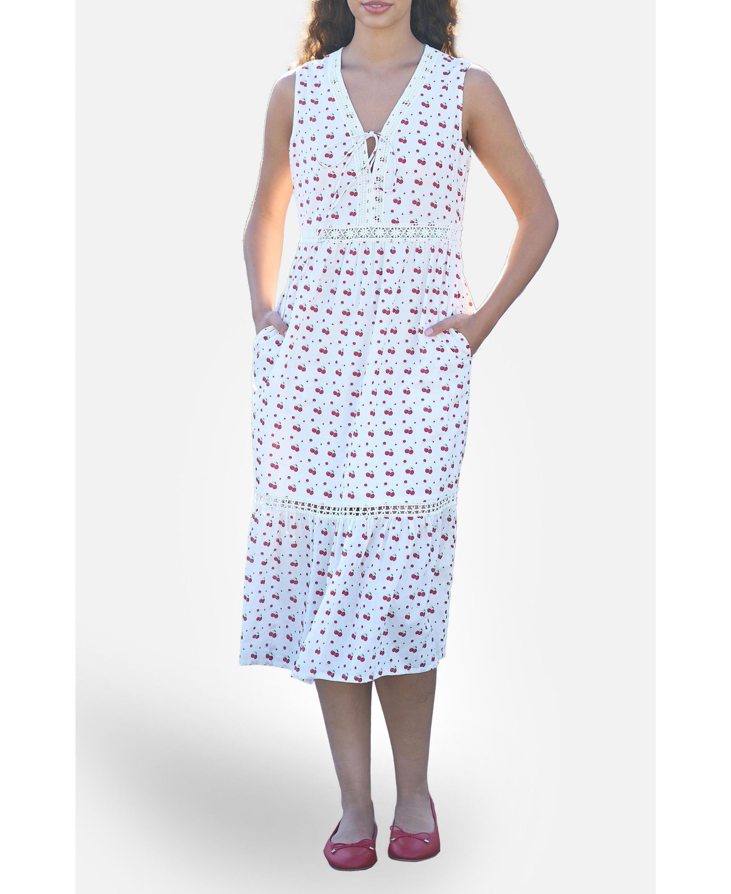 Women's Cherry Print Lace Trim Cotton Midi Dress