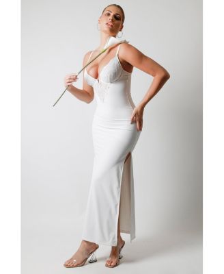 Women's Shapewear Lace V Neck Side Slit Slimming Maxi Slip Dress