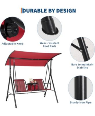 2-Person Porch Swing with Cup Holders, Pivot Storage Table & Cooler Bag, Adjustable Canopy, Steel Frame Outdoor Patio Swing for Backyard