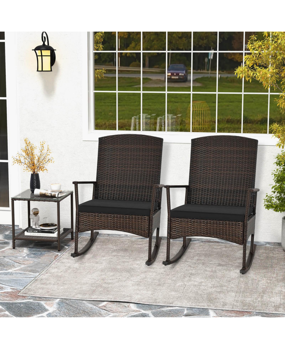 3 Piece Patio Rocking Set Wicker Chairs with 2-Tier Coffee Table