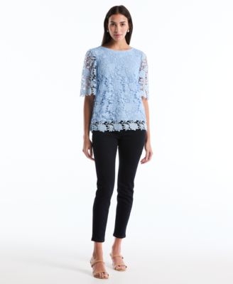 Petite Scalloped Elbow-Sleeve Lace Top