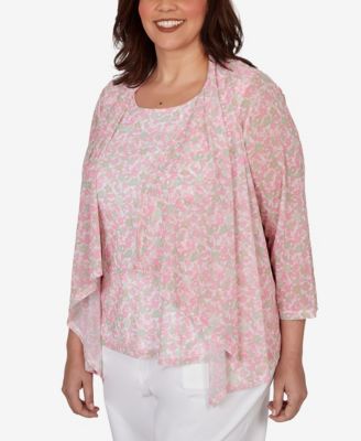 Plus Size Printed Mesh 3/4-Sleeve Cascade Cardigan Sweater