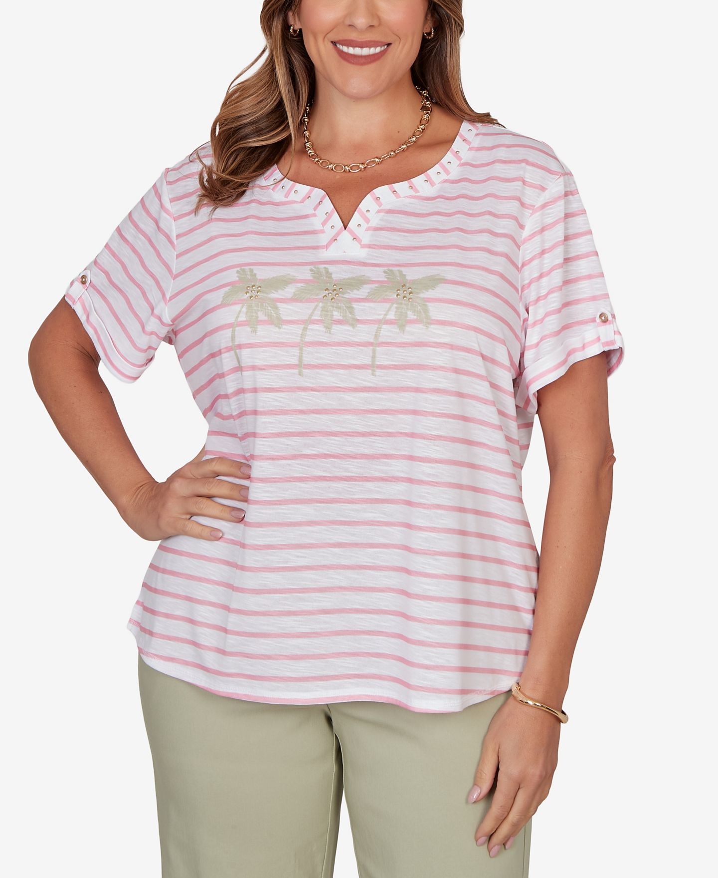 Женский топ HEARTS OF PALM Plus Size Printed Slub with Banded Neck, цвет: Разноцветный — фото 1