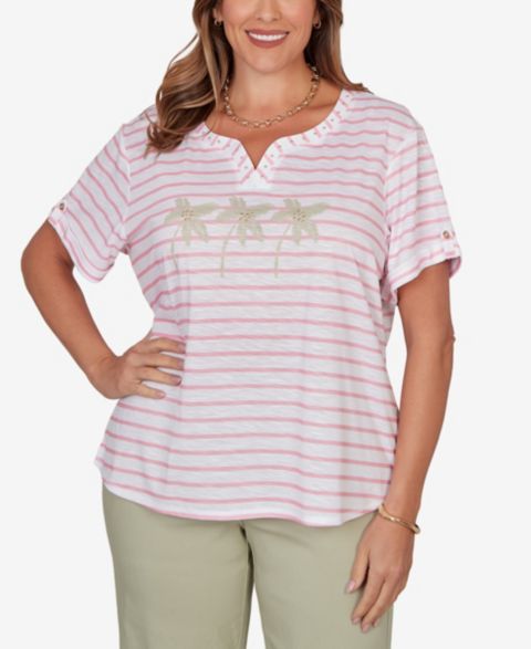 Женский топ HEARTS OF PALM Plus Size Printed Slub with Banded Neck, цвет: Разноцветный