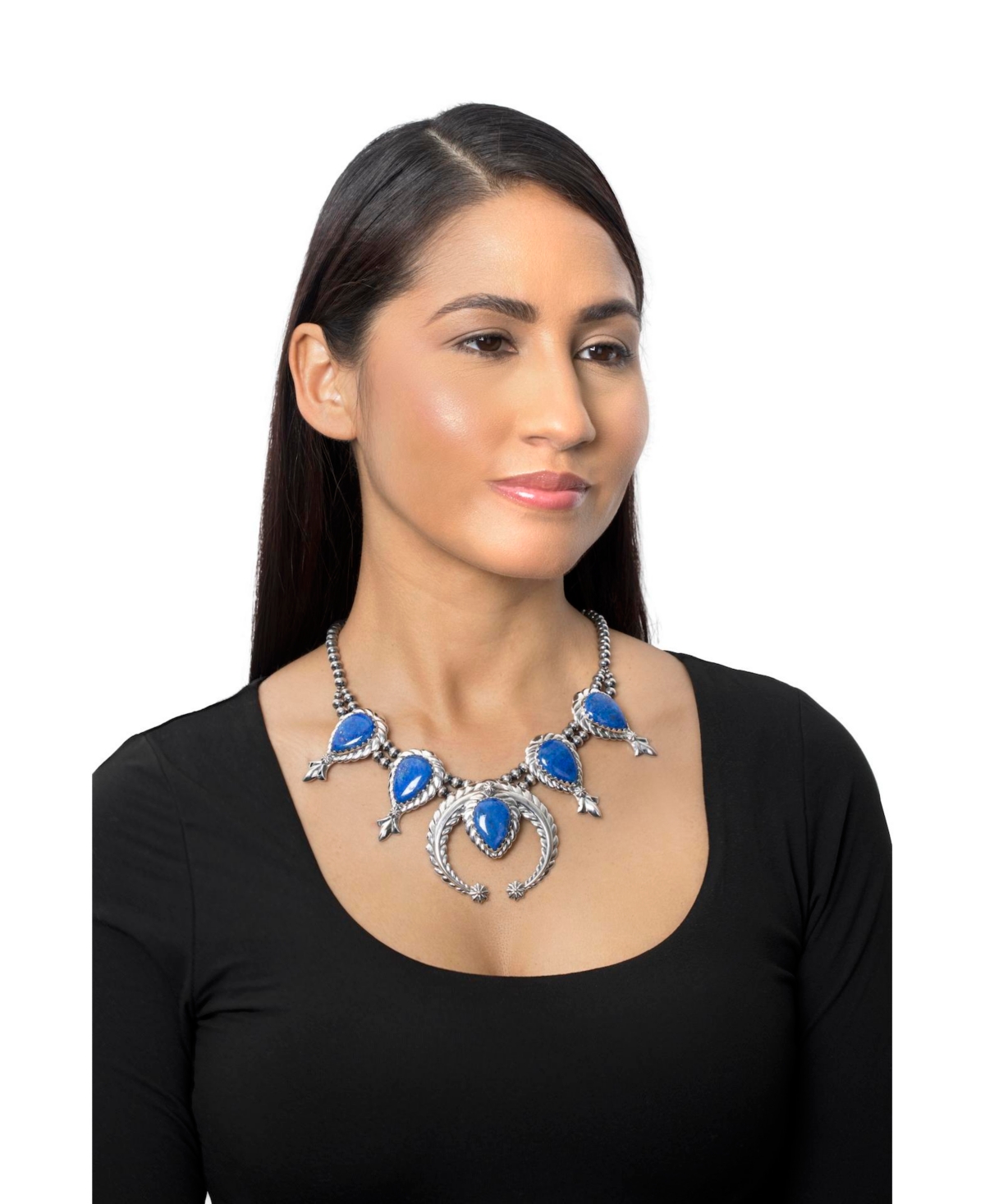 American West Jewelry Sterling Silver Denim Lapis Pear-Cut Squash Blossom Necklace, 17 to 20 Inches