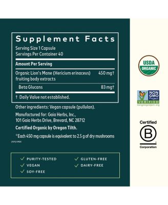 Lion's Mane Mushroom - Brain & Nerve Health Support - 40 Vegan Capsules (40 Servings)
