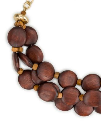 Gold-Tone Plated 3 Strand Wood Beaded Necklace