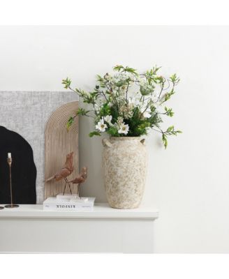 Vintage Pottery Off-White with Brown 15.75-Inch Tall Round Ceramic Vase