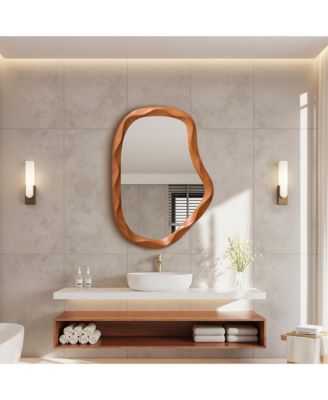 Natural Wood Finish Asymmetrical MDF Frame Wall Mirror, 31.5" H  x  22.6" W