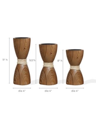 3-Piece Pine Wood with Rattan Pillar Candle Holder Set