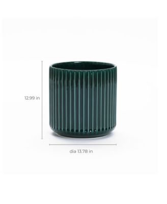 Jade Green Ribbed 13.8-Inch Round Ceramic Planter