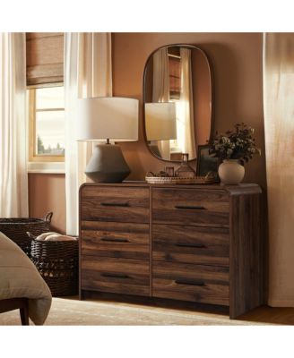 Modern Walnut Finish 6-Drawer Dresser, Engineered Wood Storage Chest with Rounded Corners