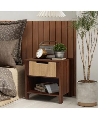Walnut Finish MDF Wood with Rope Front 1-Drawer Nightstand and End Table