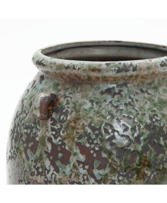 Antiqued Terracotta Jar Vase, Rustic 17-Inch Green & Brown Flower Holder