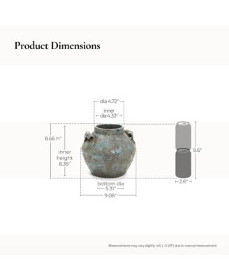 Antiqued Blue & Brown Terracotta Vase with Handles, 9" Round Farmhouse Vintage Pottery