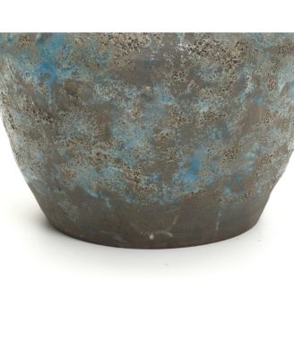 Antiqued Blue & Brown Terracotta Vase with Handles, 11" Round Farmhouse Vintage Pottery