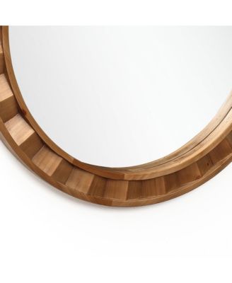 Natural Wood Frame Round Wall Mirror, 28” Rustic Wooden Decor