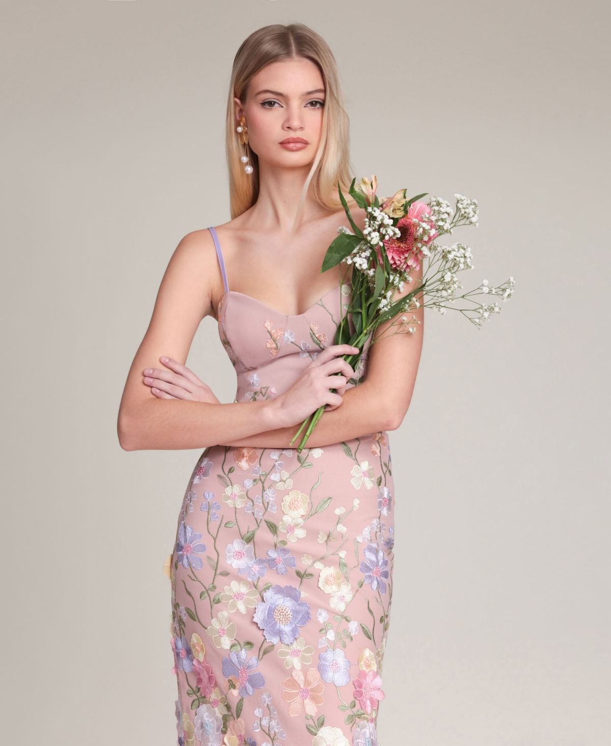 Avec Les Filles Women's Floral Applique Bustier Midi Dress