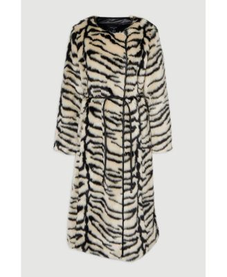 Women's Faux Fur Collarless Tie Belted Midi Coat