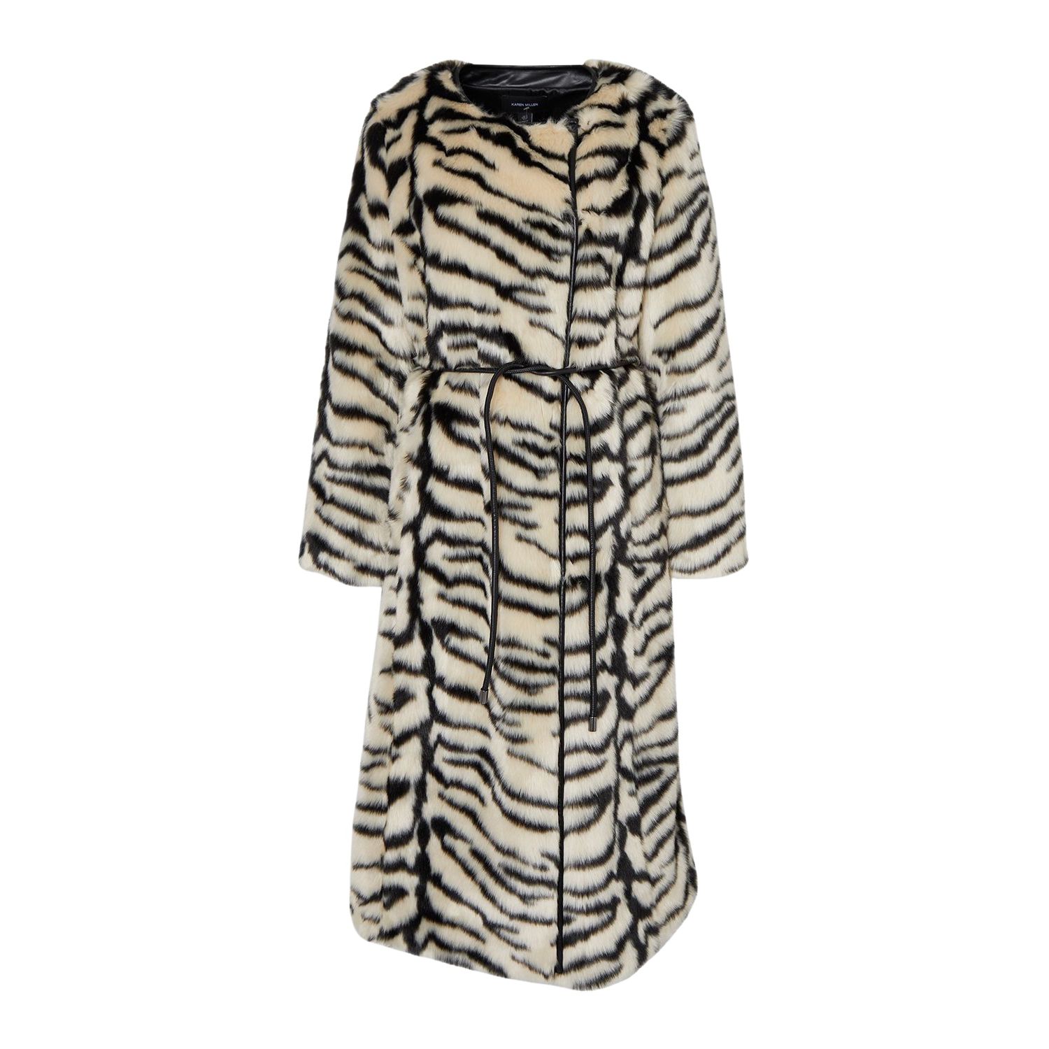 Women's Faux Fur Collarless Tie Belted Midi Coat