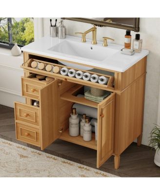 36'' Solid Wood Bathroom Vanity with Sink, Tilt-Out Drawer & 2-Door Storage, Freestanding Modern Cabinet for Easy Assembly