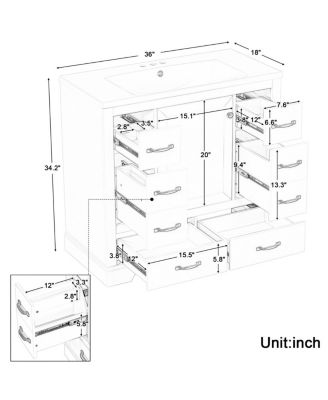 36" Bathroom Vanity with Sink, Solid Wood Cabinet, 6 Drawers & Adjustable Shelf for Modern Storage