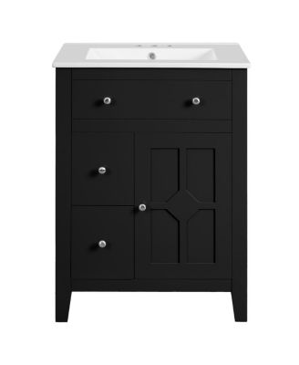 24" Bathroom Vanity with Ceramic Basin, Modern Cabinet with 2 Drawers, Soft-Closing Door & Adjustable Shelf for Small Bathrooms