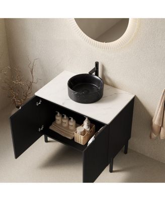 30" Bathroom Vanity with Round Ceramic Sink, Carrara Stone Countertop, 2 Soft Close Doors, Modern Freestanding Storage