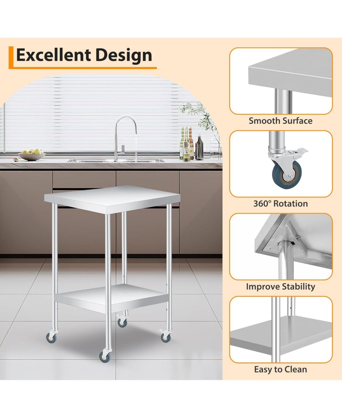 gaomon Heavy-Duty Stainless-Steel Table with 2 Shelves & 4 Wheels, 24x24x35 Inch Utility Cart, Commercial Kitchen Worktable for Food Prep, Restaurant
