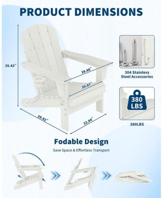 Folding Adirondack Chair Set of 2, HDPE Outdoor Patio Chair with Cup Holder, All Weather Resistent Wooden Textured for patios, Decks, Gardens