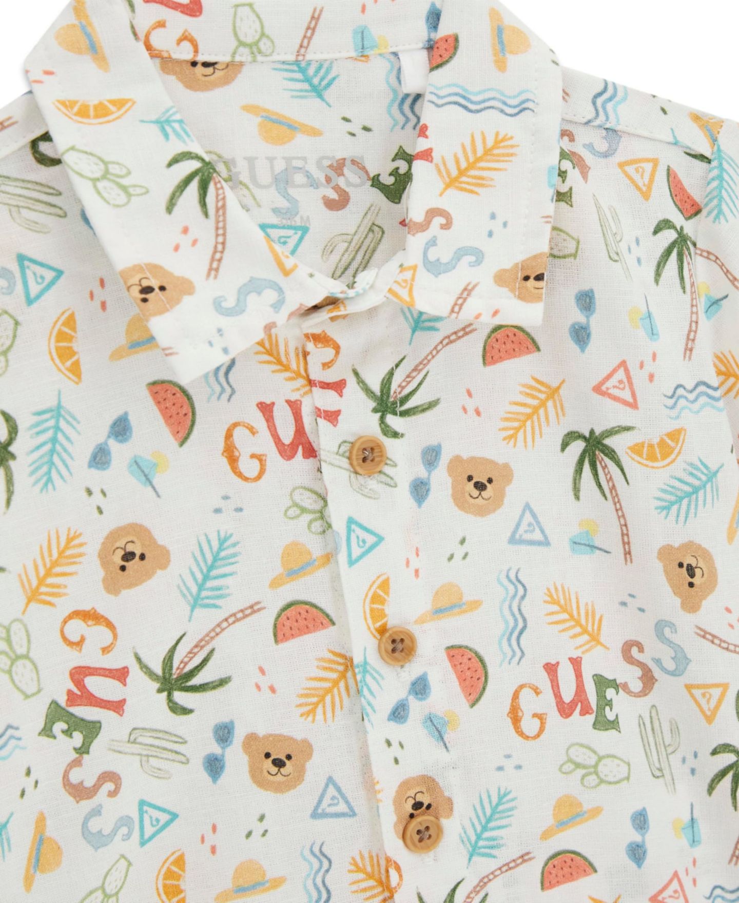 Комплект для мальчика Guess: рубашка с коротким рукавом на пуговицах и шорты, 2 предмета, цвет: Слоновая кость / Коричневый — фото 5