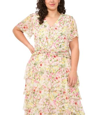 Plus Size Twist-Front Flutter-Sleeve Tiered Midi Dress