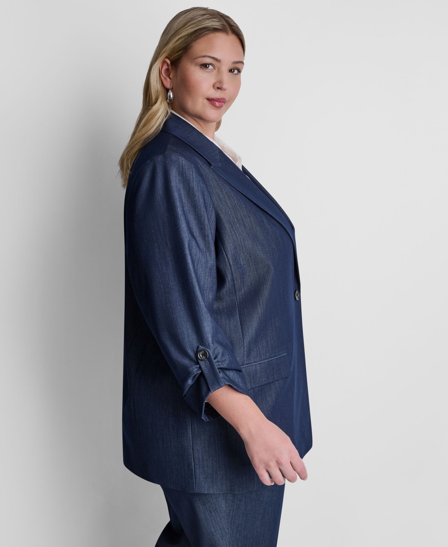 Plus Size Long-Sleeve One Button Roll Cuff Blazer