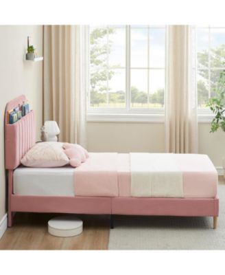 Upholstered Platform Bed Frame with Bookcase Headboard, Velvet Platform Bed Mattress Foundation,Heavy Duty Steel Support Legs.