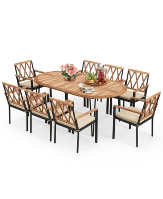 9 PCS Patio Dining Set Table w/ Acacia Wood Top and Umbrella Hole Metal Frame