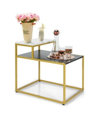 2 Tier End Side Table Metal Frame Nightstand with Storage Shelf Living Room