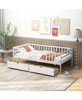 Twin Size Kids Bed w/ Storage 2 Pull-out Drawers Side Shelf for Children and Teens