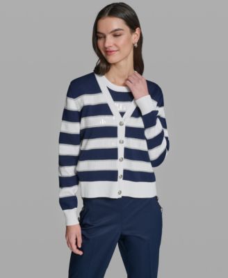 Women's Long-Sleeve V-Neck Sequin Striped Cardigan