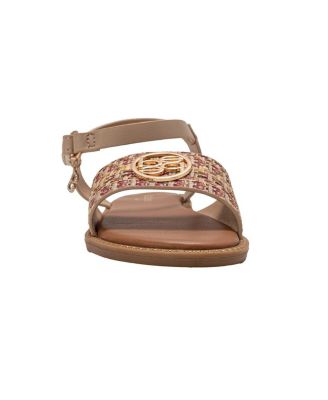 Little Girls Girl's  Fashion Sandals – Dressy Shoes with Raffia Upper and Logo Medallion Accent