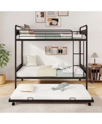 Twin Over Twin Bunk Bed w/ Trundle Industrial Metal Bunkbed Frame
