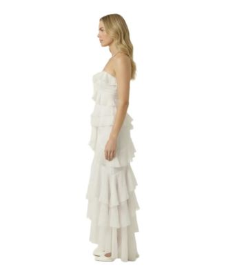 Women's Strapless Raw Edge Tiered Ruffle Maxi Dress