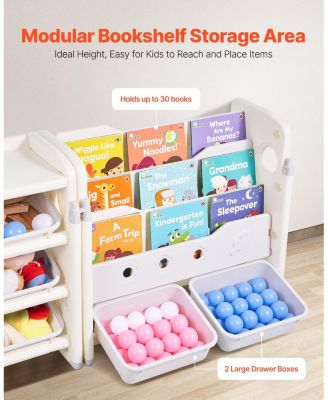 Kids Toy Storage Organizer with Bookshelf, 4-Tier Cubby Cabinet with 10 Movable Plastic Bins, Toy & Book Storage