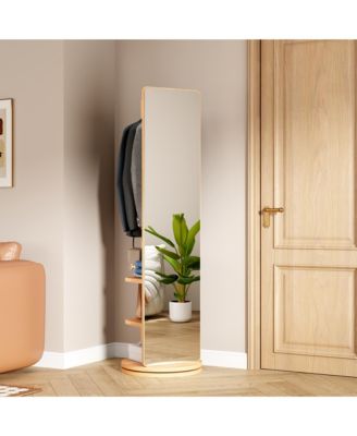 360° Rotating Full Length Mirror, Solid Wood Freestanding Coat Rack with Storage Hanger, Open Shelves for Living Room and Cloakroom