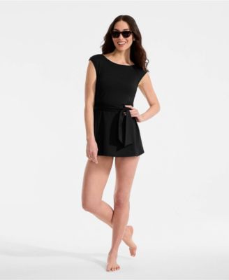 Women's Cap Sleeve Tie Belt Mini Swim Dress