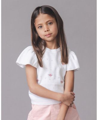 Girls Organic Ruffle Sleeve Pointelle Sweater