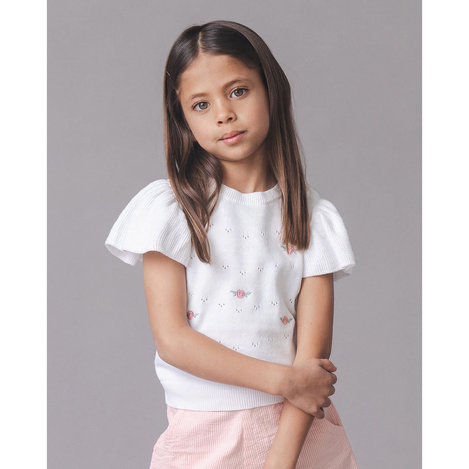 Hope and Henry Little and Big Girls' Organic Ruffle Sleeve Pointelle Sweater