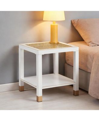 Square Side Table - Modern 2-Tier Tempered Glass End Table, Gold Mesh Accent Bedside Table with Metal Frame for Bedroom, Living Room