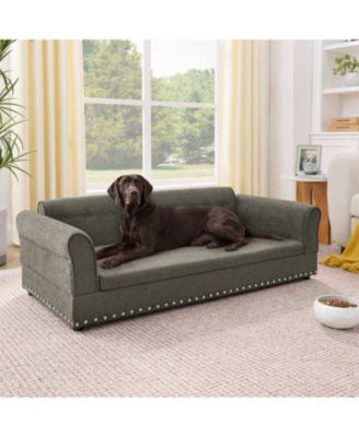 Oversized Pet Sofa, Modern Linen Fabric Elevated Dog Bed with Backrest & Armrest for Large Dogs