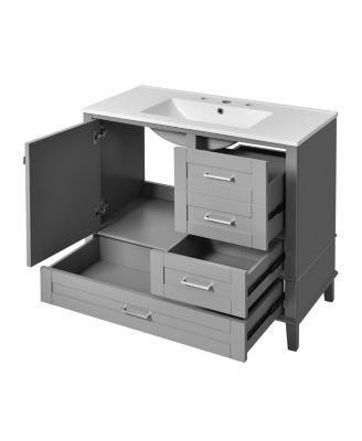 36" Bathroom Vanity with Ceramic Sink, Solid Pine Frame, Soft Close Drawers & Door for Small Spaces