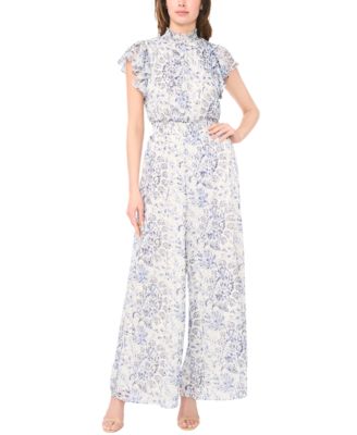 Women's Short-Sleeve Mock Neck Smocked Waist Jumpsuit